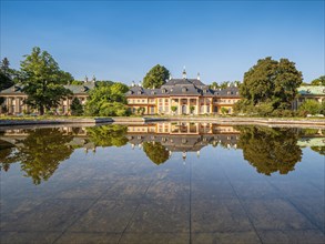 The Bergpalais of Pillnitz Palace in the Elbe Valley reflected in water basin