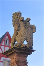 Lion figure with city coat of arms and double eagle at the lion fountain