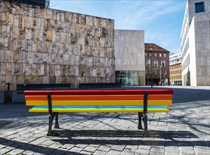 Colourful bench in front of the Ohel-Jakob-Synagogue at Jakobsplatz Munich