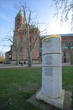 Staufer stele with inscription and monument to historic emperors and kings of the Staufer dynasty and UNESCO Cathedral