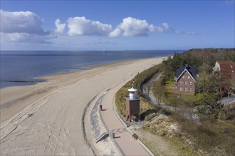 Aerial view over sandy beach and Olhoern Lighthouse at Wyk auf Foehr on the island Foehr in the Wadden Sea