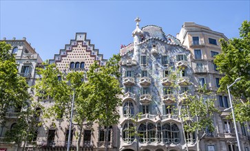 Artistic facade of Casa Batllo by Antoni Gaudi and Casa Amatller