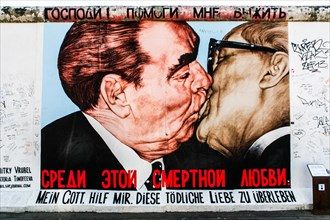 Socialist brotherly kiss between Leonid Brezhnev and Erich Honecker