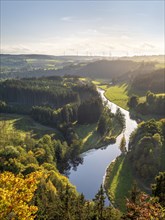 View from Petersgrat in the Franconian Forest of the river Saale in the last evening light
