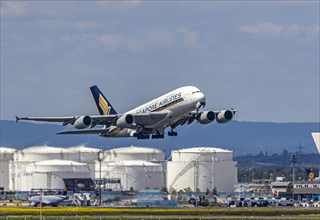 Airbus A380-841 of Singapore Airlines taking off at Fraport Airport
