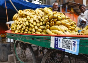 Banana vendor with paytm logo for cashless payment on his cart in Paharganj