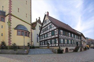 Half-timbered house next to the St. Arbogast church in Haslach