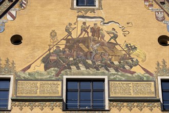 Ulm Town Hall with large facade painting of the historic Danube merchant ships