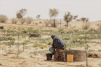 A woman draws water from a well near the refugee settlement in Ouallam