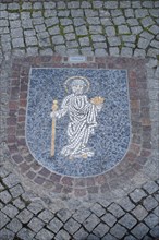 City coat of arms of Saint James with pilgrim's staff from the twin town of Olsztyn in Poland