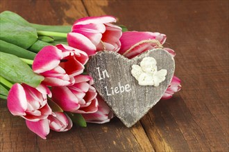 Bouquet of Tulips with Wooden Heart and Lettering In Love
