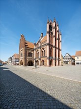 The historic town hall with display gable and stork nests