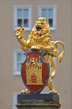 Golden lion figure with town coat of arms and shield at the historic market fountain