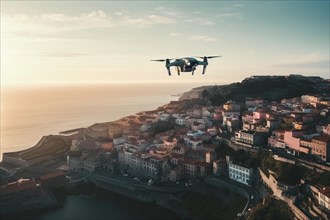 Drone in flight over a city on the coast