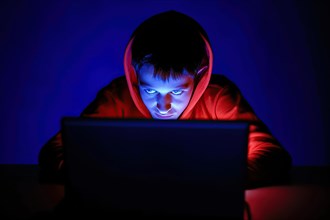 A teenager about 13 years old sits at his laptop at night