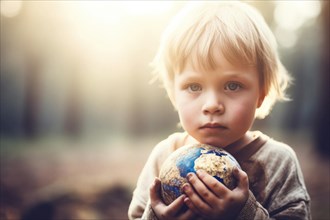 A four-year-old blond boy with a sad look holds a globe protectively in his hands