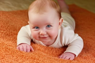 A laughing baby in a romper suit lies on an orange blanket