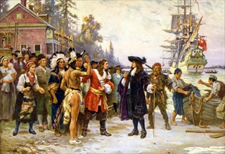 The landing of William Penn. The painting shows William Penn in 1682 standing on the shore and being greeted by a large group of men and woman