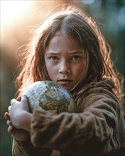 A young girl with a desperate look holds a globe protectively in her arms