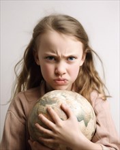 A young girl with an angry look holds a globe protectively in her arms