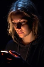 A young woman in her early twenties with blonde hair looks at her mobile phone at night