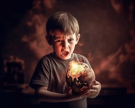 A very angry young boy holds a burning globe in his hands
