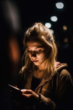 A young woman about 20 years old with blond hair looks at her mobile phone at night