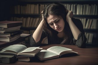 A young woman sits exhausted at a desk over a book