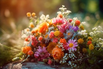 A colourful bouquet of wildflowers in warm sunlight