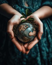 Two workers' hands gently hold a globe embedded in young plants