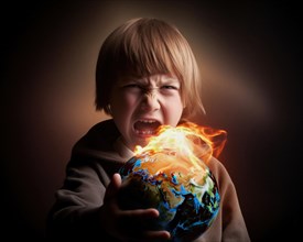 A 5-year-old boy with red hair holds a glowing globe in his hand while screaming in rage