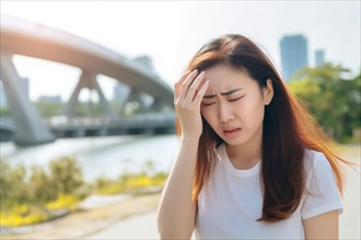 Young Asian woman desperately holding her head with her hand