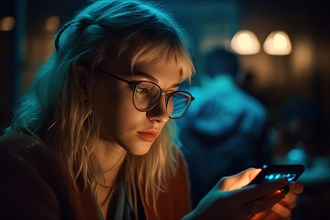 A sixteen year old girl with blonde hair looks at her mobile phone at night