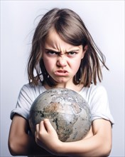 A dark-haired girl with an angry look holds a globe protectively in her arms
