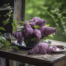 Lilacs in a vase on a wooden table