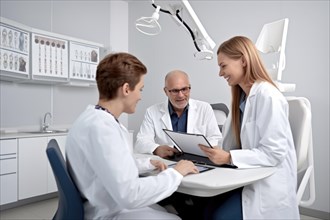 Doctors in white coats talking in a doctor's surgery