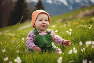 A laughing baby in a woolly hat sits on a green alpine meadow in the mountains among white flowers