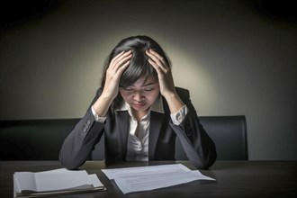 Young Asian woman sitting exhausted at a desk