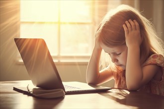 A four-year-old blonde girl sits desperately in front of a notebook