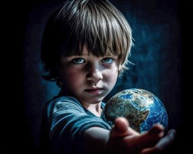 A five-year-old boy with a reproachful look demonstratively stretches out his arm with a globe in his hand