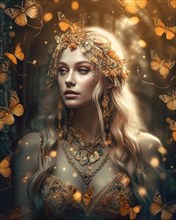 A splendidly dressed young blonde woman in soft light is surrounded by butterflies