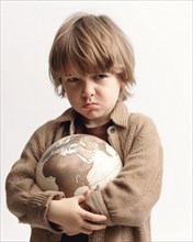 A young boy with a reproachful look holds a globe protectively in his hands