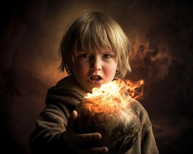 An angry young boy holds a burning globe in his hands