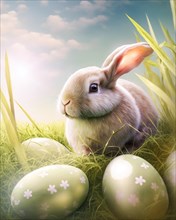 A cute Easter bunny in front of decorated Easter eggs in a green spring meadow under a blue sky