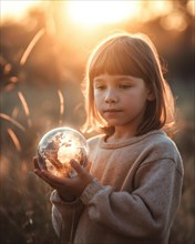 A young girl gently holds a globe in her hands