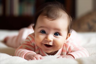 A laughing dark-haired baby in a pink romper suit