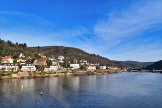 View on Odenwald forest called Heiligenber with historical mansions and neckar river in city Heidelberg in Germany