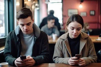A young couple in a restaurant engages with their mobile phones