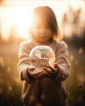 A young girl gently holds a globe in her hands
