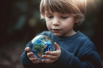 A young boy gently holds a globe in his hands